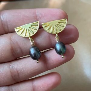 Sun half circle rays celestial w blue freshwater pearls gold cosmic moon